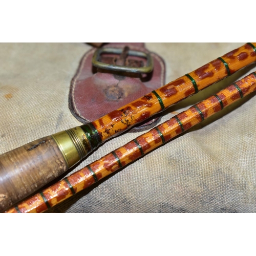 746 - VINTAGE FISHING EQUIPMENT COMPRISING A HARDY SPLIT CANE TWIN TIP ROD, model name is rubbed, approxim... 