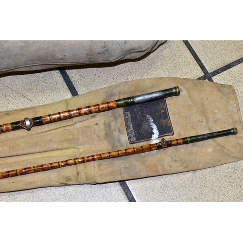 746 - VINTAGE FISHING EQUIPMENT COMPRISING A HARDY SPLIT CANE TWIN TIP ROD, model name is rubbed, approxim... 