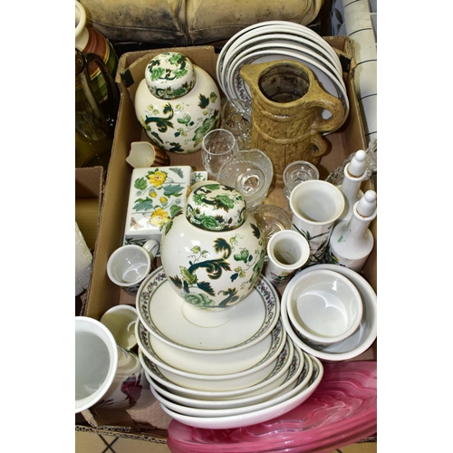 748 - TWO BOXES AND LOOSE CERAMICS, GLASSWARES AND SUNDRY ITEMS, to include a pair of Mason's Chartreuse c... 