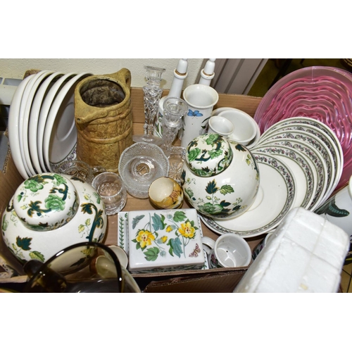 748 - TWO BOXES AND LOOSE CERAMICS, GLASSWARES AND SUNDRY ITEMS, to include a pair of Mason's Chartreuse c... 