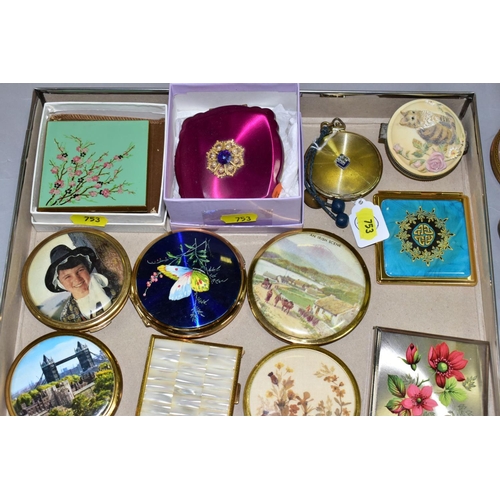 753 - A BOX OF THIRTY POWDER COMPACTS, to include a boxed Cozy compact printed with cherry blossom, an art... 