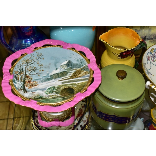 755 - A GROUP OF CERAMICS, to include a Mintons pot pourri basket gilt and painted with flowers, with purp... 