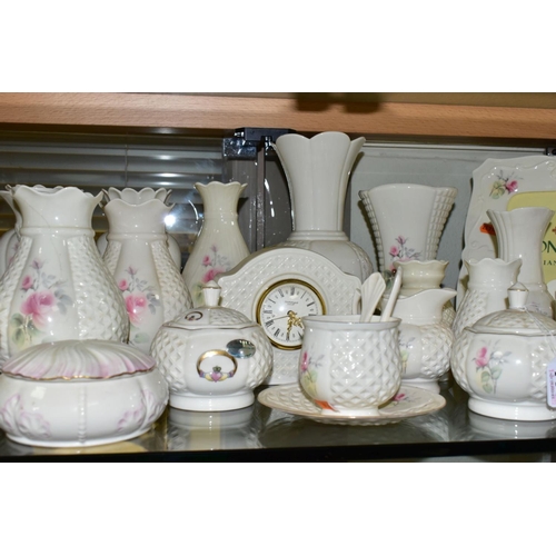 773 - A COLLECTION OF DONEGAL AND BELLEEK CHINA, approximately thirty pieces to include a Belleek trinket ... 