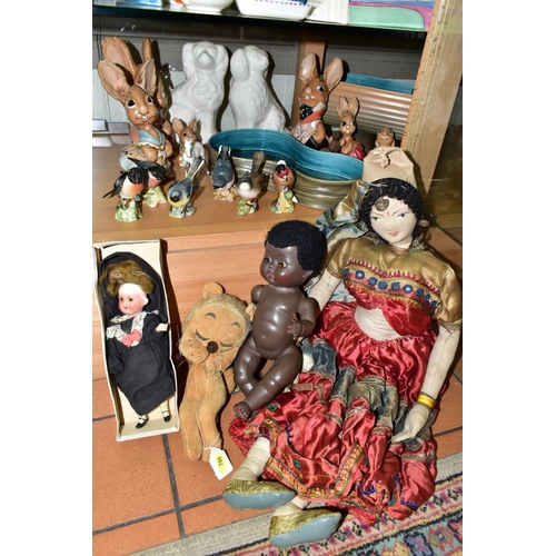 780 - A GROUP OF CERAMICS, SOFT TOYS AND DOLLS, to include ten Beswick animal and bird figures and two Bes... 