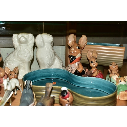 780 - A GROUP OF CERAMICS, SOFT TOYS AND DOLLS, to include ten Beswick animal and bird figures and two Bes... 