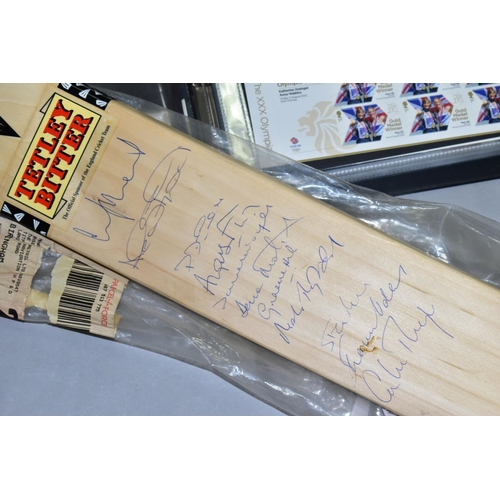 782 - A SIGNED CRICKET BAT AND FIRST DAY COVERS, including a Duncan Fearnley cricket bat with Tetley Bitte... 