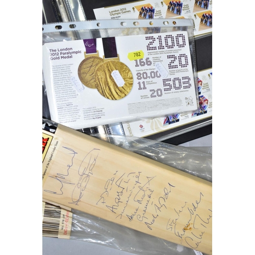 782 - A SIGNED CRICKET BAT AND FIRST DAY COVERS, including a Duncan Fearnley cricket bat with Tetley Bitte... 