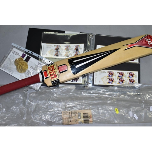 782 - A SIGNED CRICKET BAT AND FIRST DAY COVERS, including a Duncan Fearnley cricket bat with Tetley Bitte... 