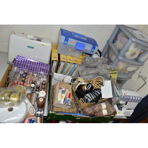 783 - THREE BOXES AND LOOSE SEWING MACHINES AND SUPPLIES, to include a cased Janome Memory Craft 3500 comp... 