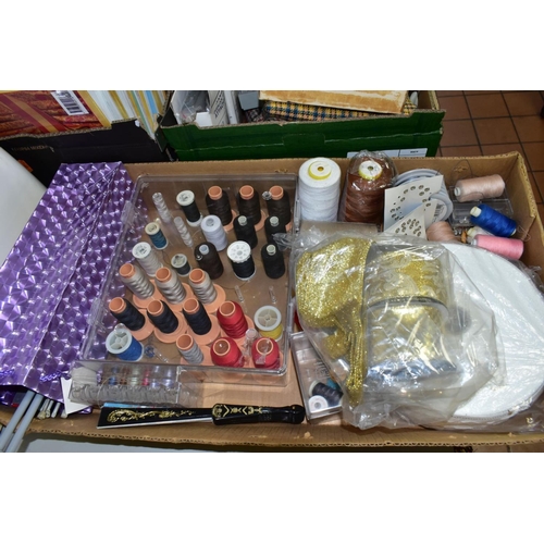 783 - THREE BOXES AND LOOSE SEWING MACHINES AND SUPPLIES, to include a cased Janome Memory Craft 3500 comp... 