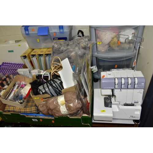 783 - THREE BOXES AND LOOSE SEWING MACHINES AND SUPPLIES, to include a cased Janome Memory Craft 3500 comp... 