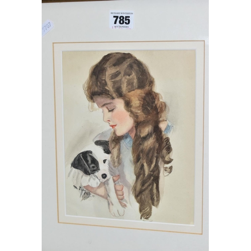 785 - AFTER HARRISON FISHER 'ALL MINE', A PORTRAIT OF A YOUNG WOMAN WITH A PUPPY, a copy of the Harrison p... 