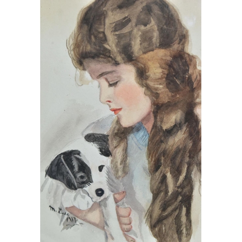 785 - AFTER HARRISON FISHER 'ALL MINE', A PORTRAIT OF A YOUNG WOMAN WITH A PUPPY, a copy of the Harrison p... 