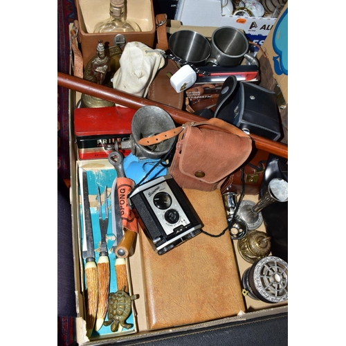 791 - TWO BOXES AND LOOSE METALWARES, GLASS, CAMERAS AND SUNDRY ITEMS, to include cased cameras including ... 