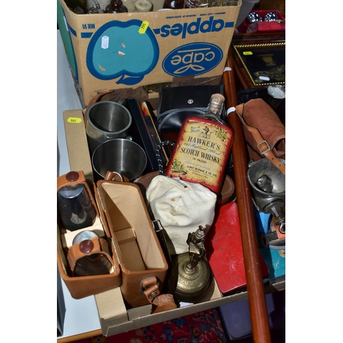 791 - TWO BOXES AND LOOSE METALWARES, GLASS, CAMERAS AND SUNDRY ITEMS, to include cased cameras including ... 