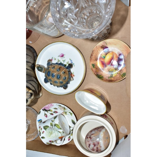 792 - A BOX AND LOOSE CERAMICS AND GLASSWARE, two small pieces of modern Royal Worcester fruit painted por... 