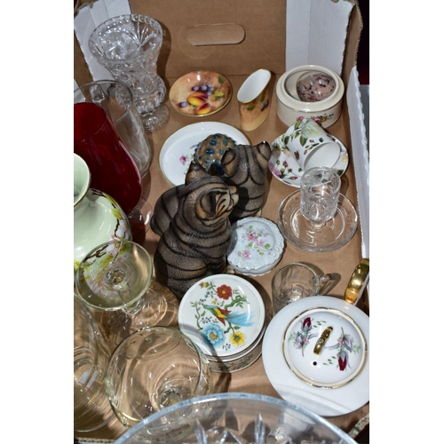 792 - A BOX AND LOOSE CERAMICS AND GLASSWARE, two small pieces of modern Royal Worcester fruit painted por... 