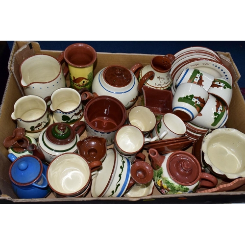 793 - TWO BOXES OF DEVON MOTTO WARES, more than eighty pieces by Dartmouth Pottery, Watcombe, Longpark, Ba... 