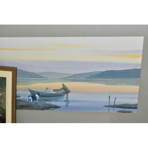 797 - PAINTINGS AND PRINTS ETC, to include Nick Grant watercolour of a man and his dog with a boat at a la... 