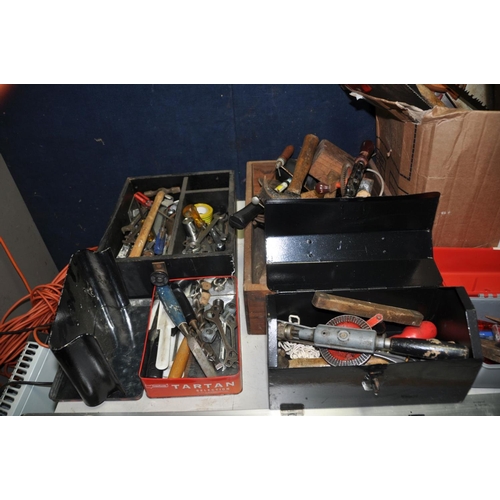 1260 - THREE TRAYS, A BOX AND TWO TOOLBOXES CONTAINING TOOLS including saws, hammers, mallets, chisels, spa... 