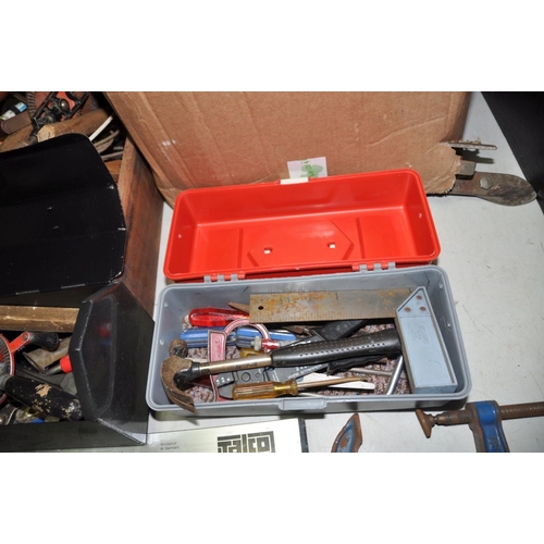 1260 - THREE TRAYS, A BOX AND TWO TOOLBOXES CONTAINING TOOLS including saws, hammers, mallets, chisels, spa... 