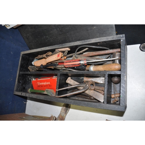 1260 - THREE TRAYS, A BOX AND TWO TOOLBOXES CONTAINING TOOLS including saws, hammers, mallets, chisels, spa... 