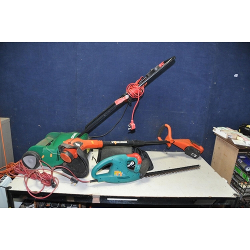 1264 - A QUALCAST ELECTRIC LAWN RAKER with grass box (PAT pass and working), a Bosch 48-16 hedge trimmer (j... 