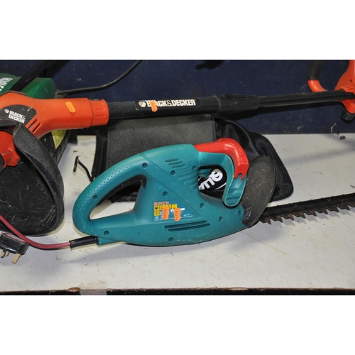 1264 - A QUALCAST ELECTRIC LAWN RAKER with grass box (PAT pass and working), a Bosch 48-16 hedge trimmer (j... 