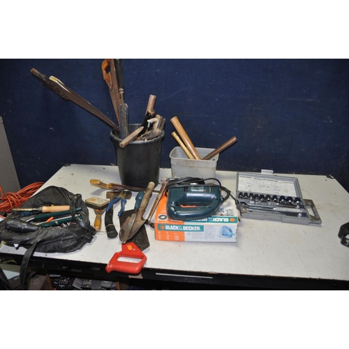 1265 - A BLACK AND DECKER JIGSAW (PAT pass and working) and a quantity of hand tools including a Halfords s... 