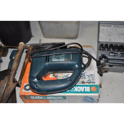 1265 - A BLACK AND DECKER JIGSAW (PAT pass and working) and a quantity of hand tools including a Halfords s... 