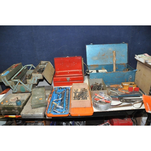 1272 - THREE METAL TOOLBOXES AND OTHERS CONTAINING ENGINEERING TOOLS including a Sealey punch set, a Mituto... 