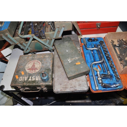 1272 - THREE METAL TOOLBOXES AND OTHERS CONTAINING ENGINEERING TOOLS including a Sealey punch set, a Mituto... 