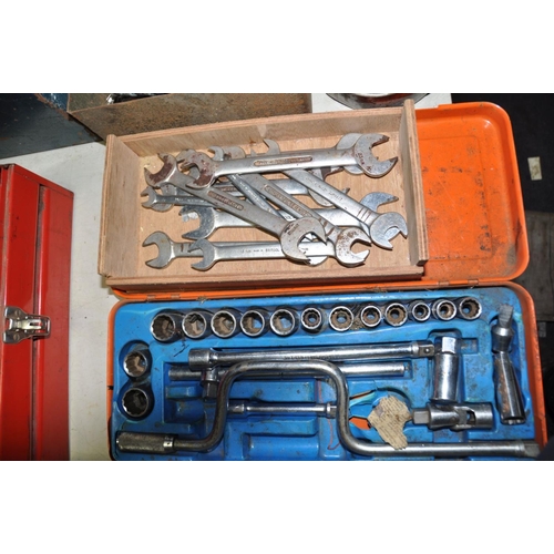 1272 - THREE METAL TOOLBOXES AND OTHERS CONTAINING ENGINEERING TOOLS including a Sealey punch set, a Mituto... 