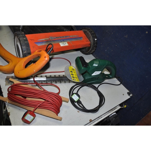 1327 - A HUSQVARNA 54 MANUAL LAWN MOWER, a Husqvarna strimmer and a Performance Hedge Trimmer (both PAT pas... 