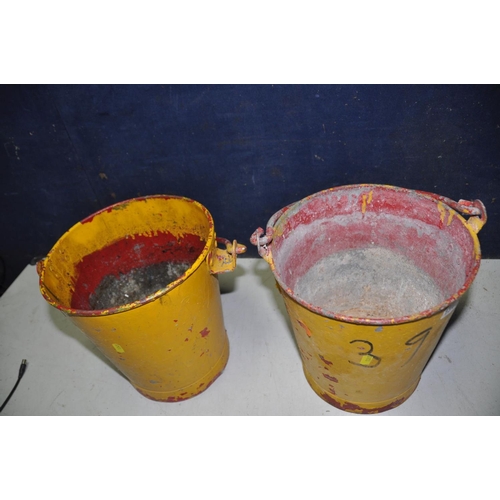 1345 - TWO VINTAGE FIRE BUCKETS over painted in yellow