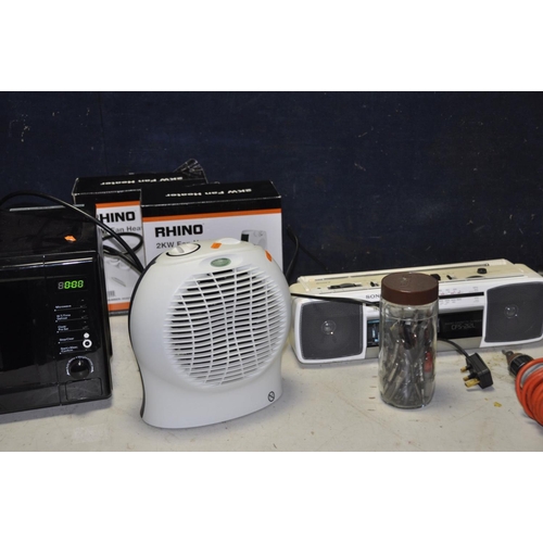 1356 - A GEORGE HOME MICROWAVE, a Challenge fan heater, a Max Featherlite vacuum cleaner, a Sony portable h... 