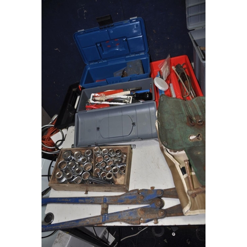 1367 - THREE TOOLBOXES AND A TRAY CONTAINING TOOLS including a Record 924 bolt cropper, a Stanley No4 plane... 