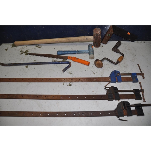 1382 - THREE RECORD 135 SASH CLAMPS a pair of 42in and a singular 36in along with a sledge hammer, hand dri... 