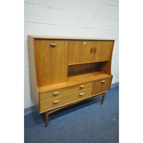 1401 - A MID CENTURY G PLAN TEAK HIGHBOARD, with an arrangement of cupboard doors, and two long drawers, wi... 