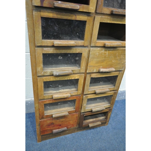 1406 - A 20TH CENTURY OAK TWENTY DRAWER HABERDASHERY CABINET, width 66cm x depth 33cm x height 190cm (condi... 