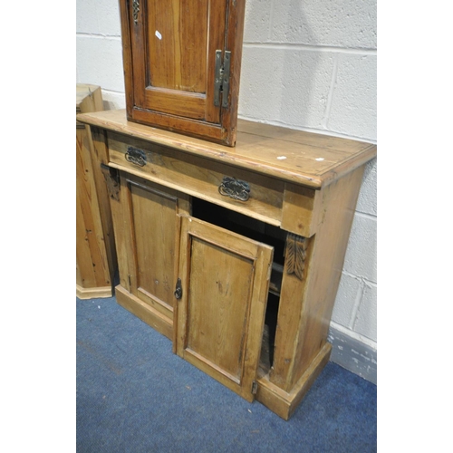 1415 - A VICTORIAN PINE TWO DOOR CABINET WITH A SINGLE DRAWER, width 91cm x depth 39cm x height 84cm (right... 