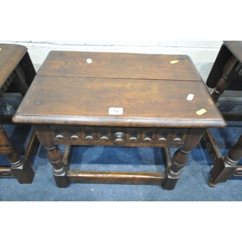 1421 - A SMALL OAK LAMP TABLE with a single drawer, width 52cm x depth 35cm x height 40cm, and a pair of sm... 