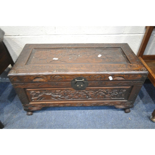 1423 - A SELECTION OF OCCASIONAL FURNITURE, to include a carved camphorwood style chest, width 69cm 32cm x ... 