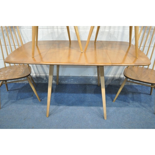 1432 - AN ERCOL MODEL 383 ELM AND BEECH DROP LEAF DINING TABLE, on square tapered legs, open length 138cm x... 