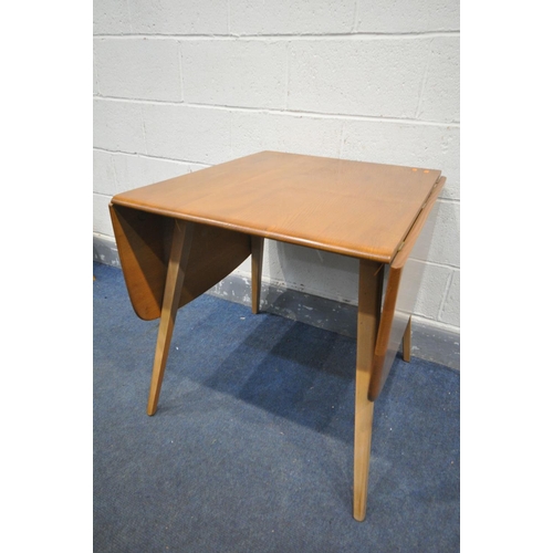 1432 - AN ERCOL MODEL 383 ELM AND BEECH DROP LEAF DINING TABLE, on square tapered legs, open length 138cm x... 