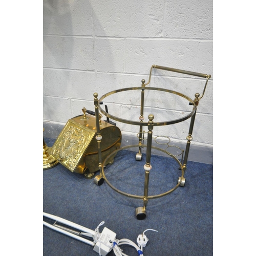 1441 - A LATE 19TH CENTURY BRASS PURDONIUM WITH COAL SCUTTLE, a brass standard lamp with shade, a brassed c... 