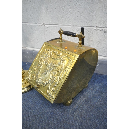 1441 - A LATE 19TH CENTURY BRASS PURDONIUM WITH COAL SCUTTLE, a brass standard lamp with shade, a brassed c... 