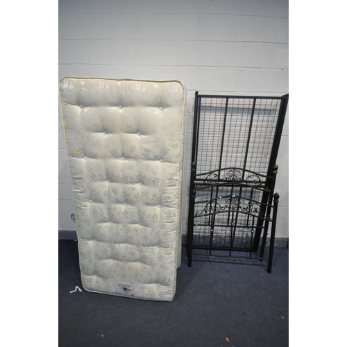 1446 - A METAL FRAMED SINGLE BEDSTEAD, with mesh bed base and a divan bed and mattress (good condition)