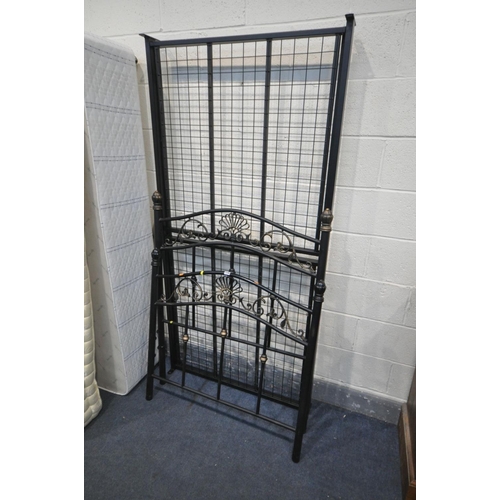 1446 - A METAL FRAMED SINGLE BEDSTEAD, with mesh bed base and a divan bed and mattress (good condition)