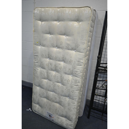 1446 - A METAL FRAMED SINGLE BEDSTEAD, with mesh bed base and a divan bed and mattress (good condition)